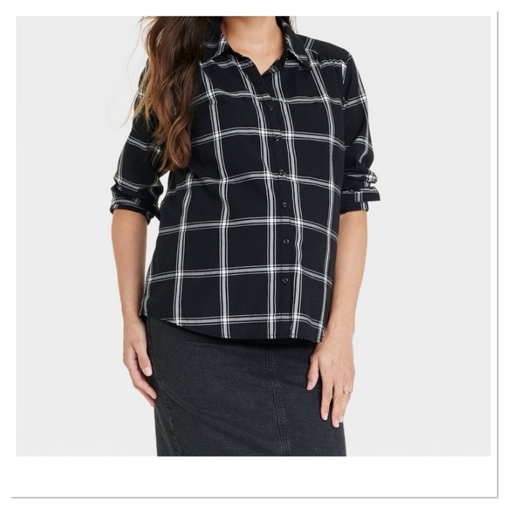 Isabel Maternity Long Sleeve Button Front Maternity Black Plaid Button-Up Shirt